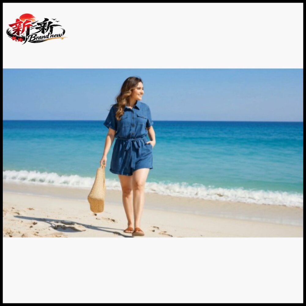 Plus Size Romper with Button Down Roll Sleeves an… - image 6